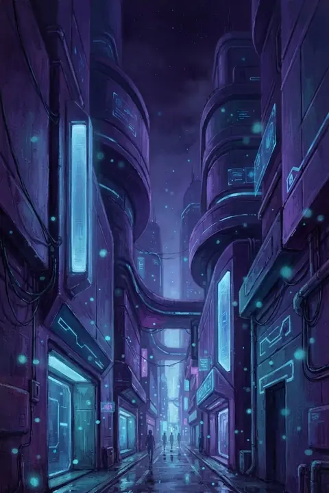A cyan-lit future alley of glowing panels and floating lights — the AI Sidekick's world.