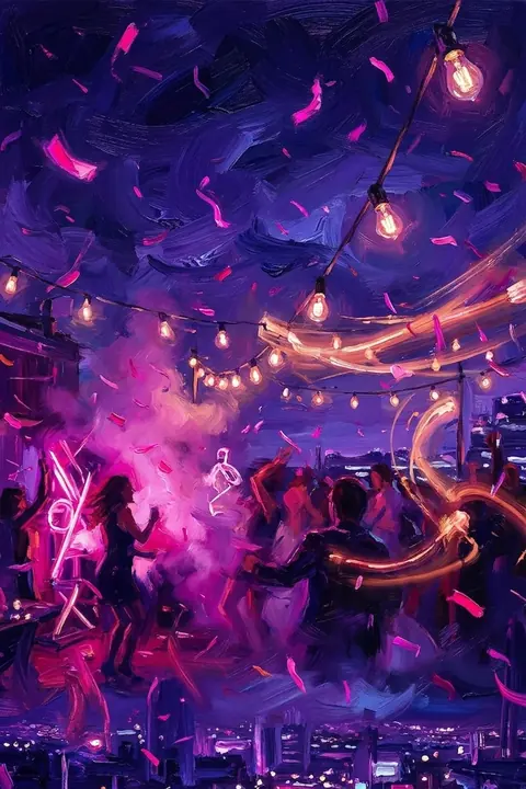 A rooftop party under festoon lights, silhouettes dancing in pink and violet — the Chaotic narrator's world.