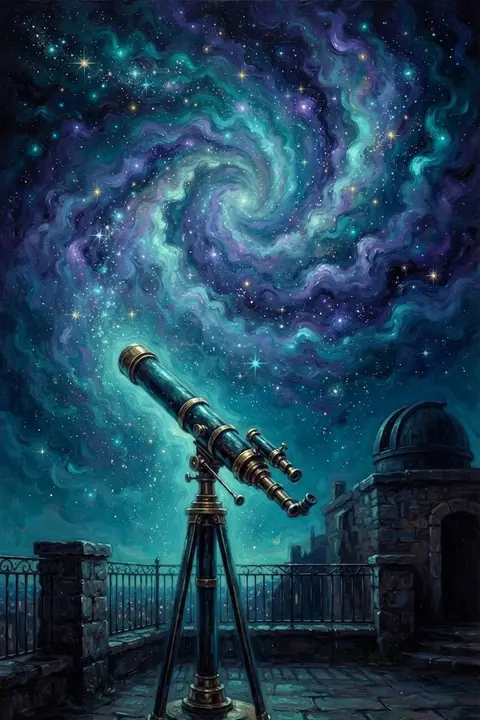 A brass telescope on an observatory terrace beneath a spiral galaxy — the Cosmic Coach's world.