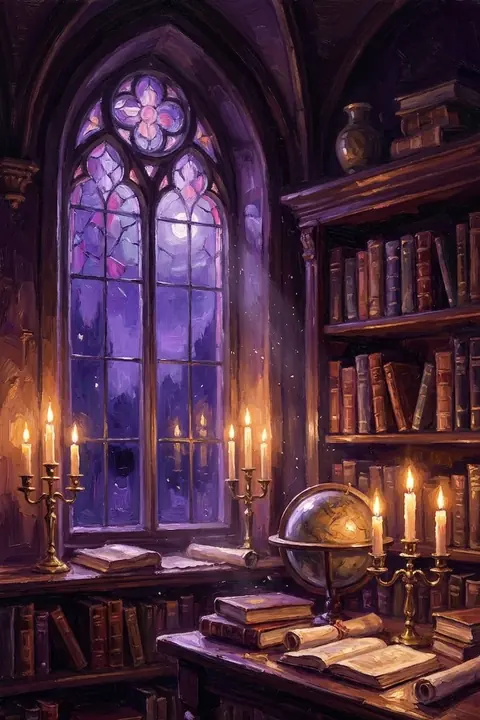 A candlelit library of old books and a globe under a stained-glass window — the Dungeon Master's world.