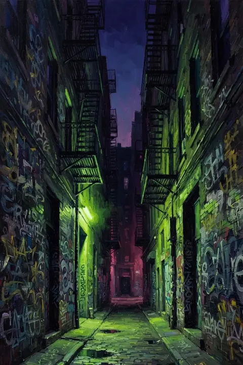 A graffiti-soaked alley lit acid green — the Gremlin's world.