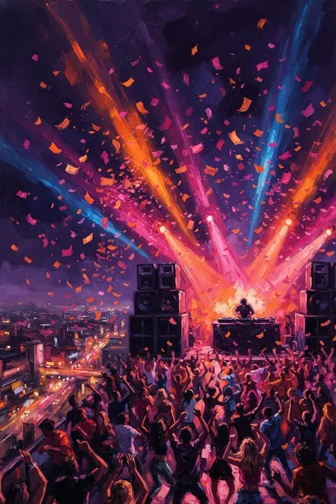 A festival crowd under confetti cannons and stage lights — the Hype Beast's world.