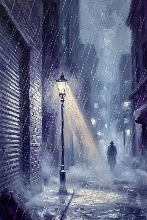 Rain falling through a streetlamp on wet cobbles — the Noir Detective's world.
