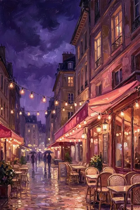 A rain-lit cobbled street of cafes strung with warm bulbs — the Playful narrator's world.