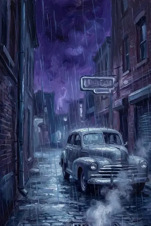 A rain-slicked empty street with a vintage car parked under a streetlamp — the Sarcastic narrator's world.