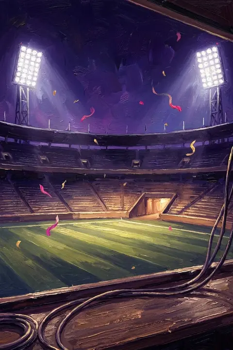 An empty floodlit stadium seen from the stands, confetti still falling — the Sports Commentator's world.