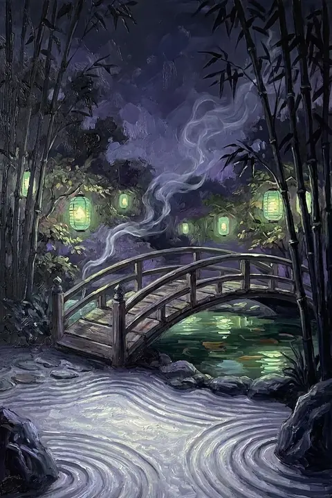 A stone bridge over a still pond in a lantern-lit bamboo garden — the Zen Master's world.