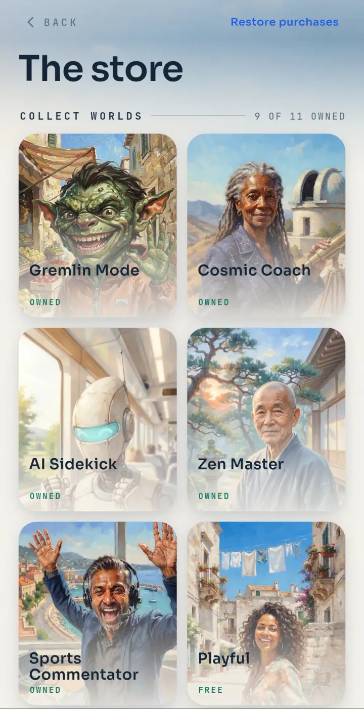 Narrator worlds including Gremlin Mode, Cosmic Coach, AI Sidekick and Zen Master.