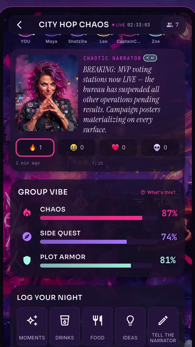 A live session: the chaotic narrator's portrait beside a line of narration, reactions underneath, and the group vibe meters below.