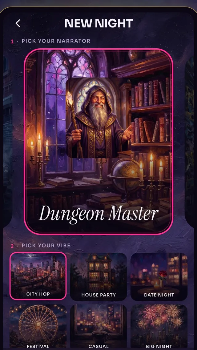 The new-trip screen: choosing a narrator, with the Dungeon Master's painted world selected, and a row of vibes below it.