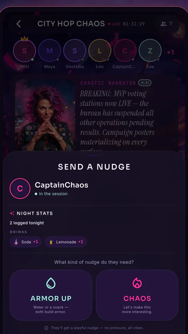 The send-a-nudge sheet, offering an armour-up nudge or a chaos nudge for a crew member.