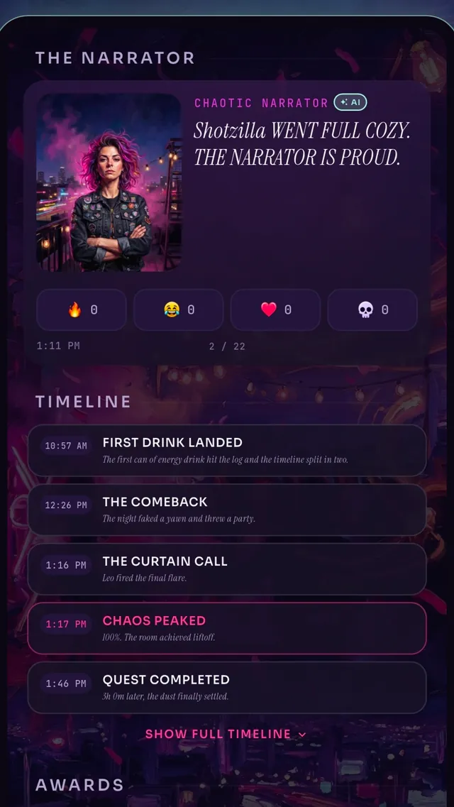 The recap timeline: time-stamped beats of the day, from the first landing to the curtain call, with awards below.